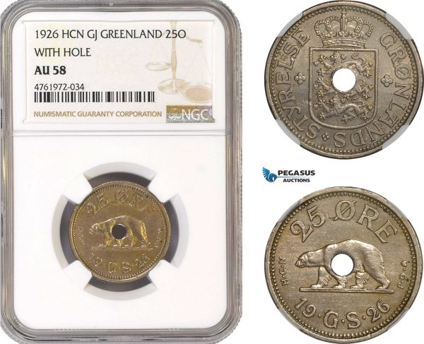 AE655-R, Greenland, 25 Øre 1926, Copenhagen, "With Hole" NGC AU58