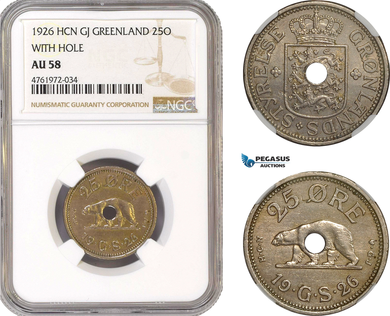 AE655-R, Greenland, 25 Øre 1926, Copenhagen, "With Hole" NGC AU58