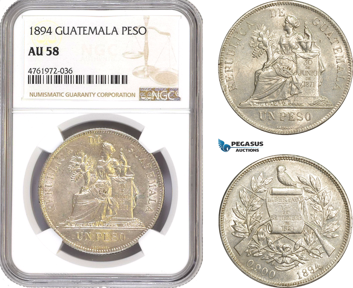 AE656-R, Guatemala, 1 Peso 1894, Silver, NGC AU58