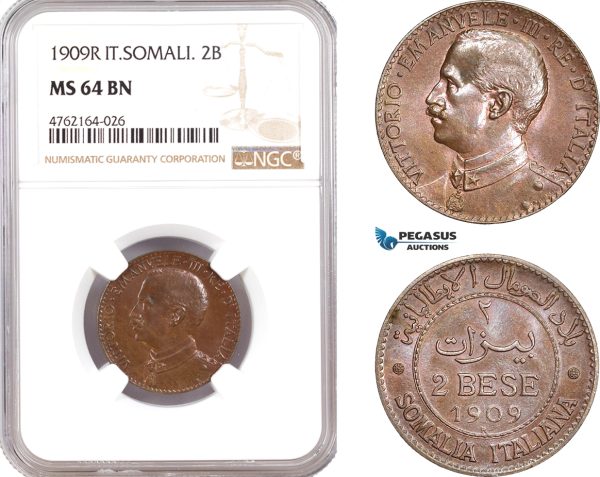 AE661, Italian Somaliland, Vitt. Emanuele III, 2 Bese 1909-R, Rome, NGC MS64BN