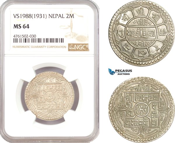 AE667, Nepal, 2 Mohars VS1988 (1931) Silver, NGC MS64
