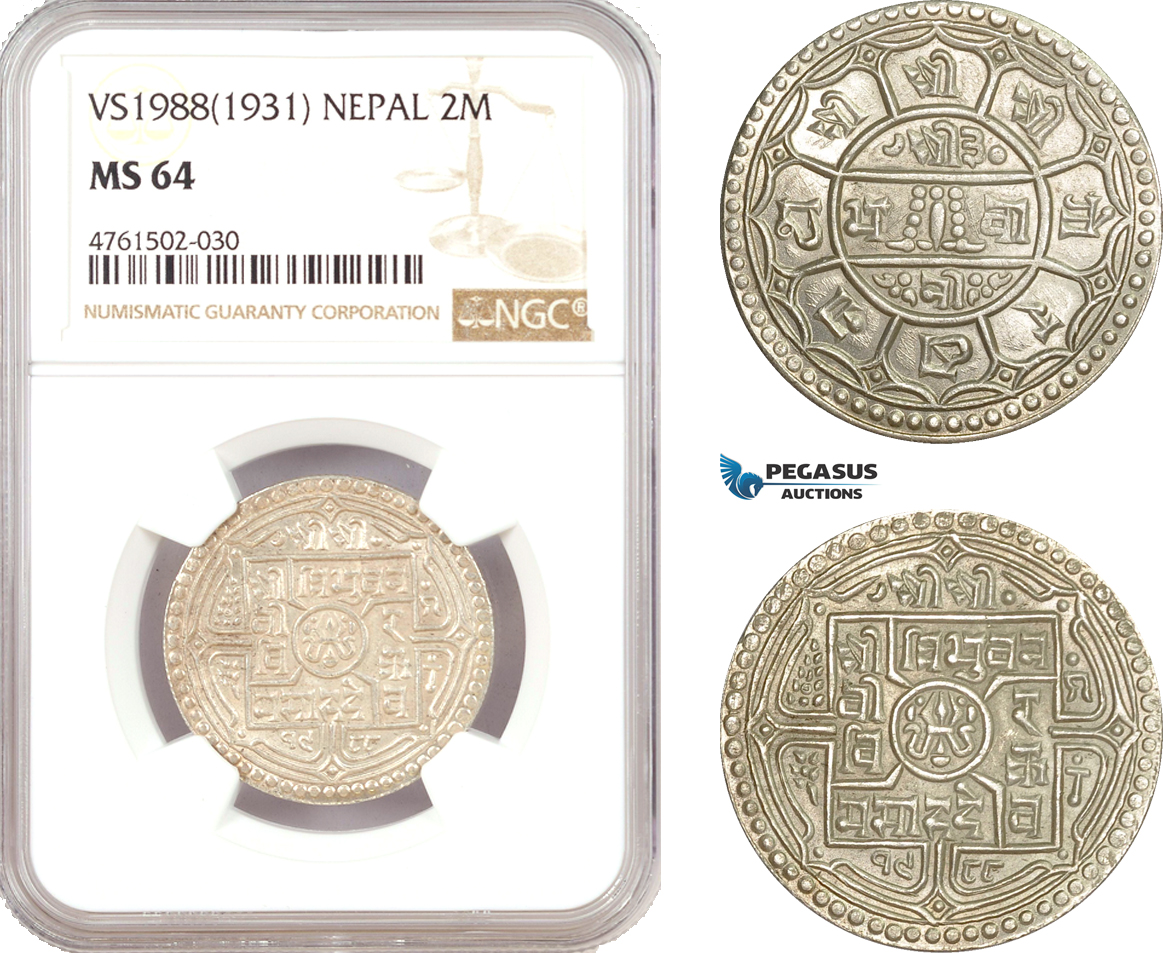 AE667, Nepal, 2 Mohars VS1988 (1931) Silver, NGC MS64