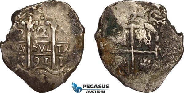 AE706, Bolivia, Charles II, 2 Reales 1691 VR, Potosi, Silver (6.43g) CT-622, Corroded, VF-XF