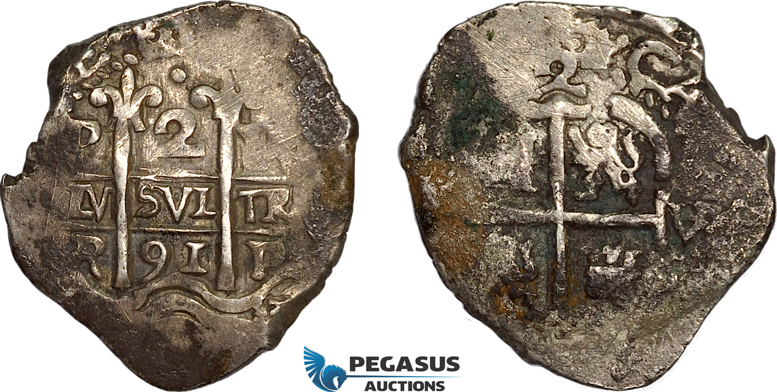 AE706, Bolivia, Charles II, 2 Reales 1691 VR, Potosi, Silver (6.43g) CT-622, Corroded, VF-XF