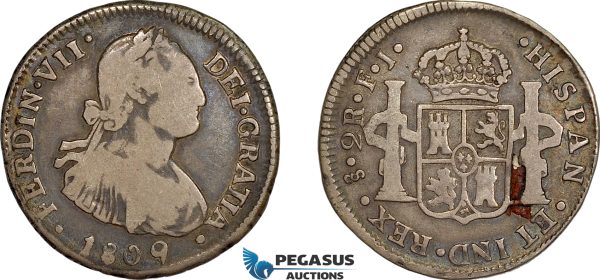 AE710, Chile, Ferdinand VII, 2 Reales 1809 So FJ, Santiago, Silver, Toned, Red deposit, Fine, Rare!