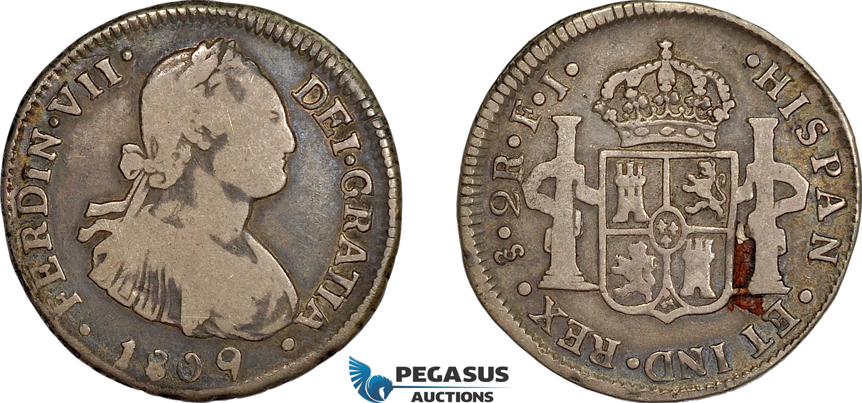 AE710, Chile, Ferdinand VII, 2 Reales 1809 So FJ, Santiago, Silver, Toned, Red deposit, Fine, Rare!