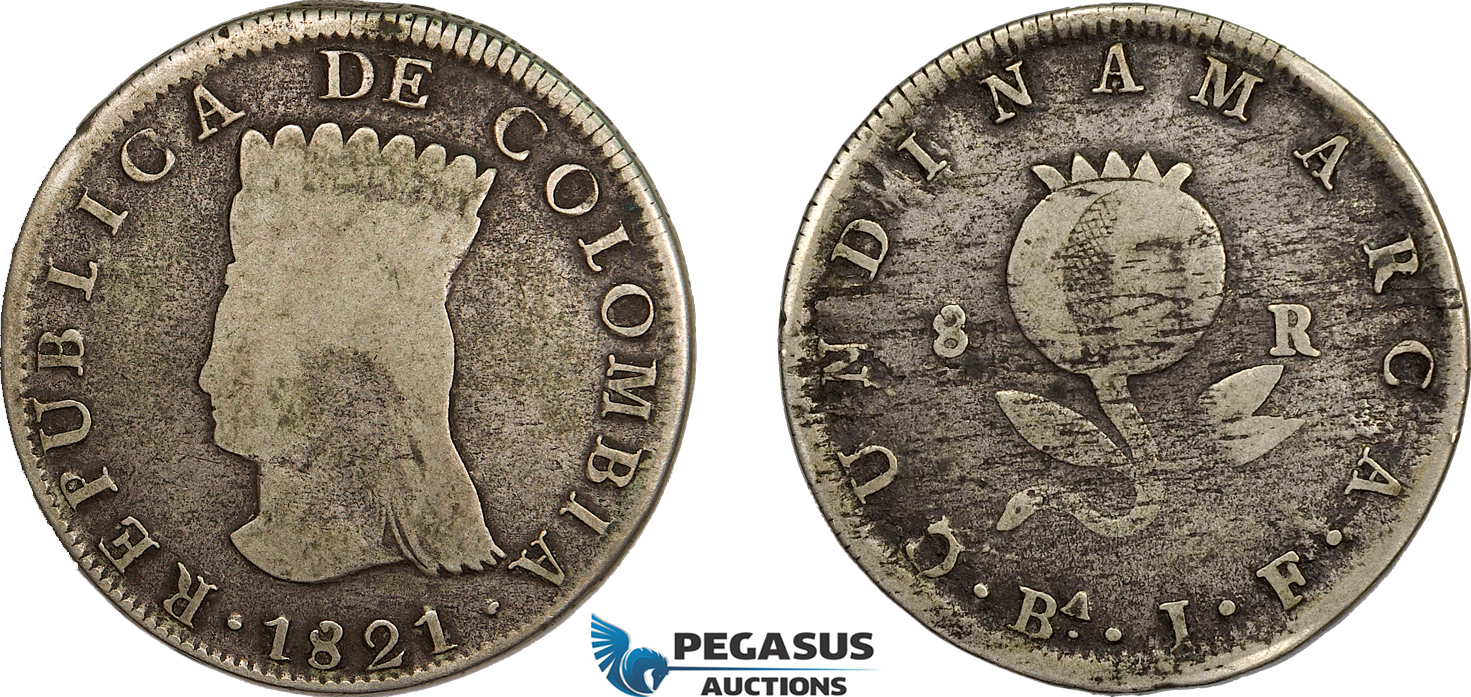 AE714, Colombia, Pre-Rebublican, 8 Reales 1821 Ba JF, Cundinamarca, Silver, KM# C6, Fine