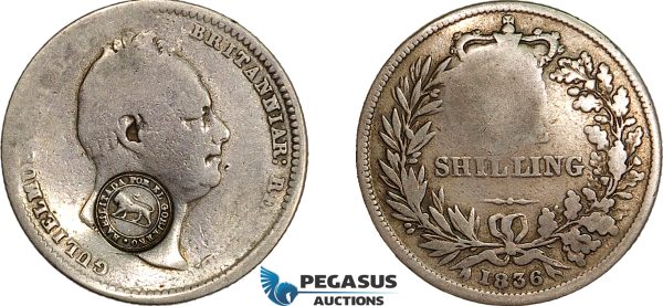 AE717, Costa Rica, 2 Reales 1849-57 (Type VII countermark) on G. Britain Shilling 1836, Unlisted! Rare!