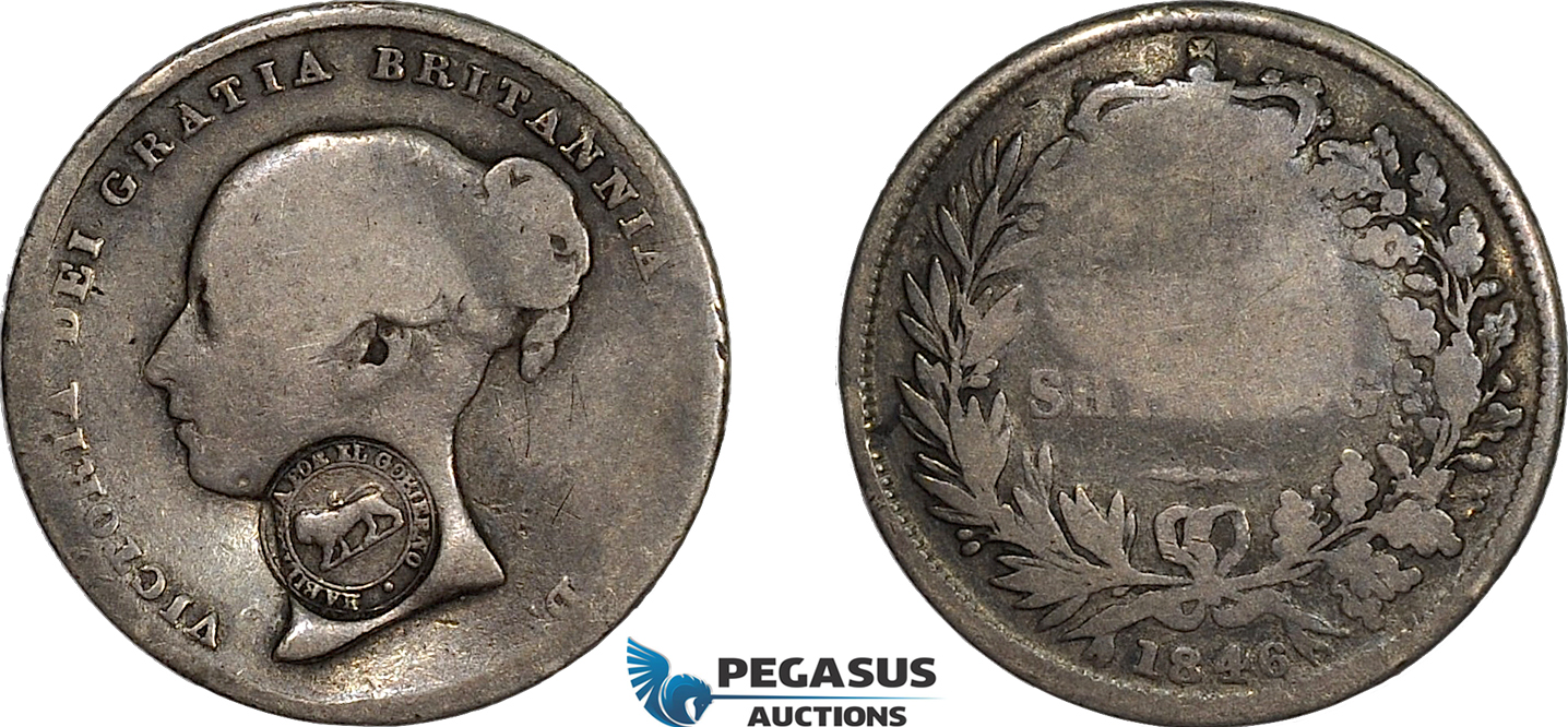 AE718, Costa Rica, 2 Reales 1849-57 (Type VII countermark) on G. Britain Shilling 1846, Fine!