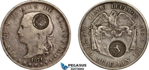 AE719, Costa Rica, 50 Centavos ND (1889) (Type VII countermark) on Colombia 5 Decimos Medellin 1879/4 Overdate, VF, Rare!