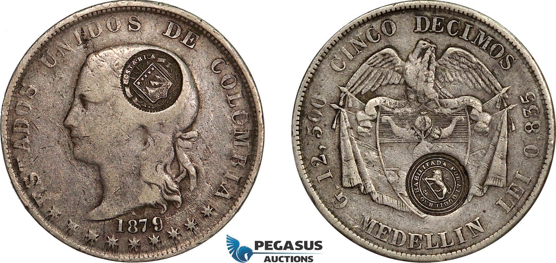 AE719, Costa Rica, 50 Centavos ND (1889) (Type VII countermark) on Colombia 5 Decimos Medellin 1879/4 Overdate, VF, Rare!