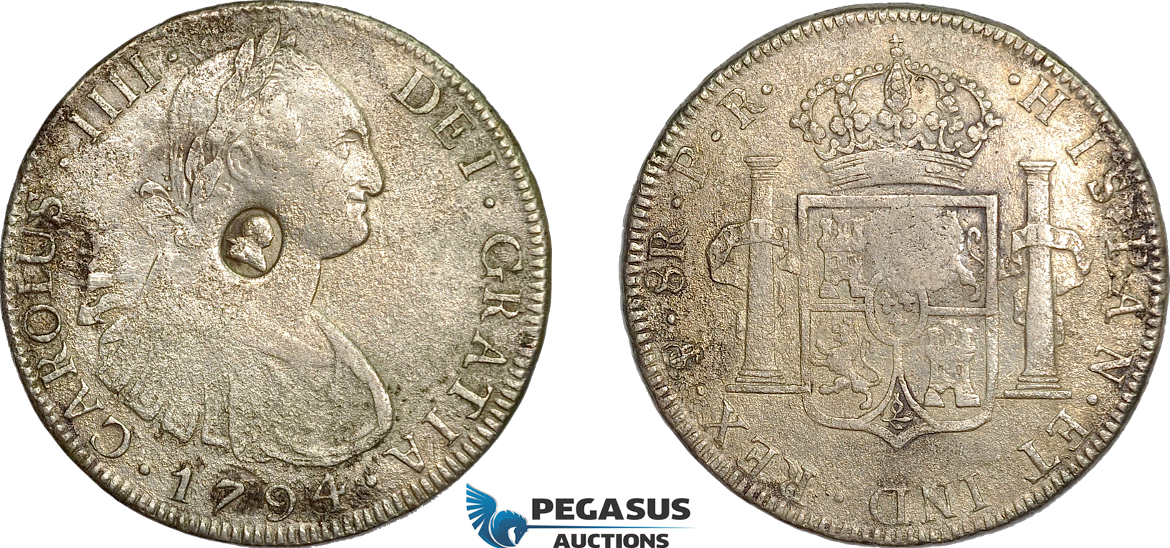 AE730, Great Britain, George III "Emergency Dollar" 1797-99, Oval C/S on 8 Reales 1794 PTS, Saltwater Damage, F-VF