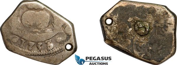 AE734, Guatemala, Ferdinand VI, 2 Reales 1753, Silver (6.39g) Fine, Holed, Mount?