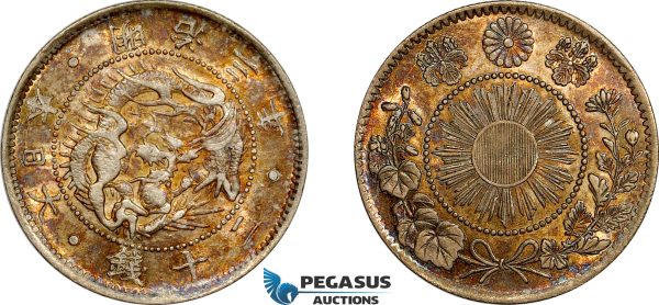 AE735, Japan, Meiji, 20 Sen Yr. 3 (1870) Silver, Toned AU