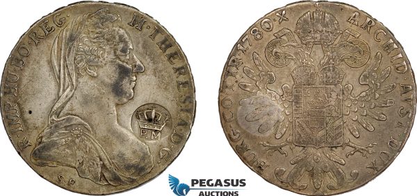 AE742, Mozambique, Carlos I, Taler 1780, Silver (27.92g) countermarked crowned PM (Província de Moçambique) VF