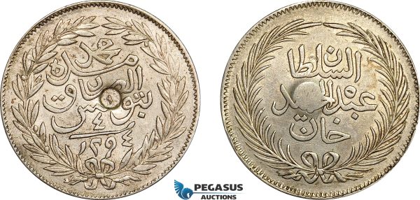 AE770, Ottoman Empire, Tunisia, Abdul Hamid II, 4 Piastres AH1294, Silver, Countermark, XF-AU