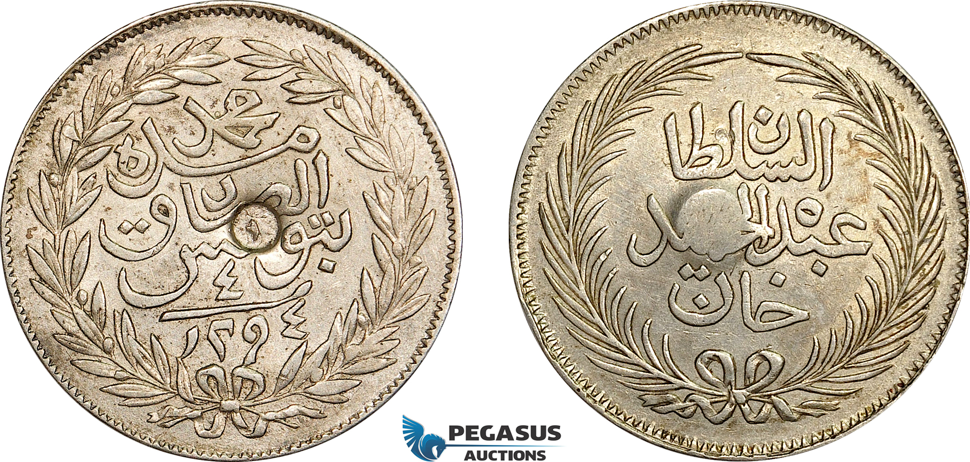 AE770, Ottoman Empire, Tunisia, Abdul Hamid II, 4 Piastres AH1294, Silver, Countermark, XF-AU