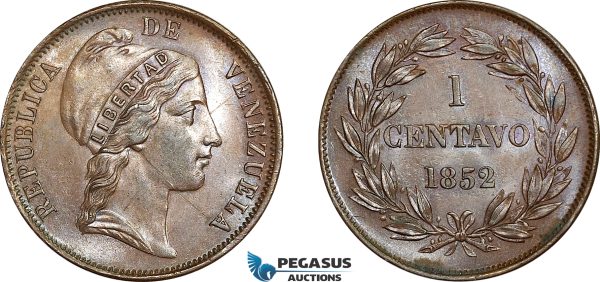 AE777, Venezuela, 1 Centavo 1852, AU-UNC (Scratched on Obv.)
