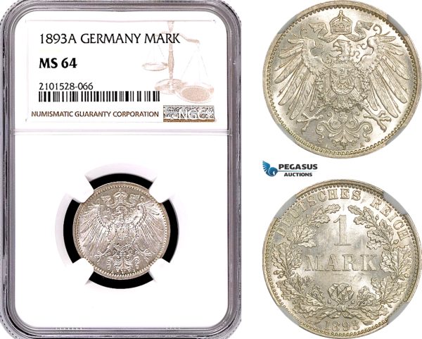 AE785, Germany, Wilhelm II, 1 Mark 1893-A, Berlin, Silver, NGC MS64