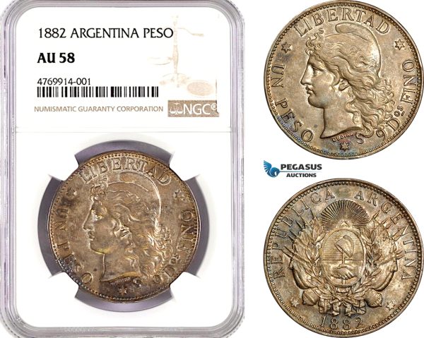 AE807, Argentina, Peso 1882, Silver, NGC AU58, Nicely toned!