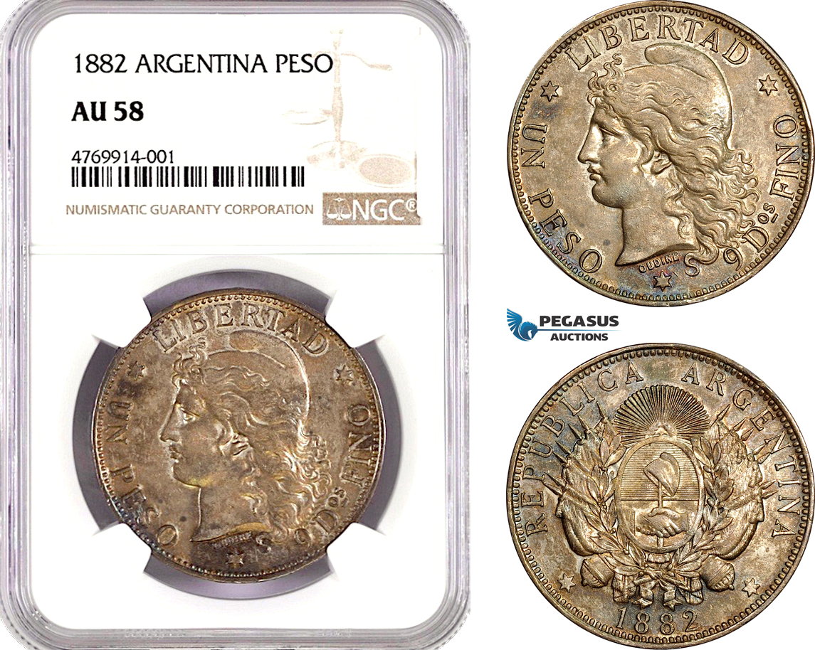 AE807, Argentina, Peso 1882, Silver, NGC AU58, Nicely toned!