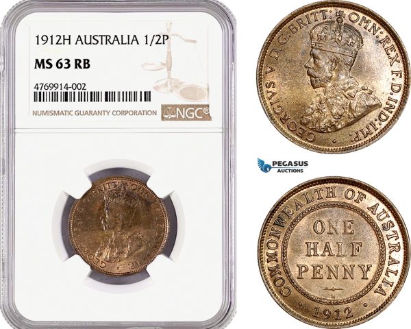 AE808, Australia. George V, Half Penny (1/2P) 1912-H, Heaton, NGC MS63RB
