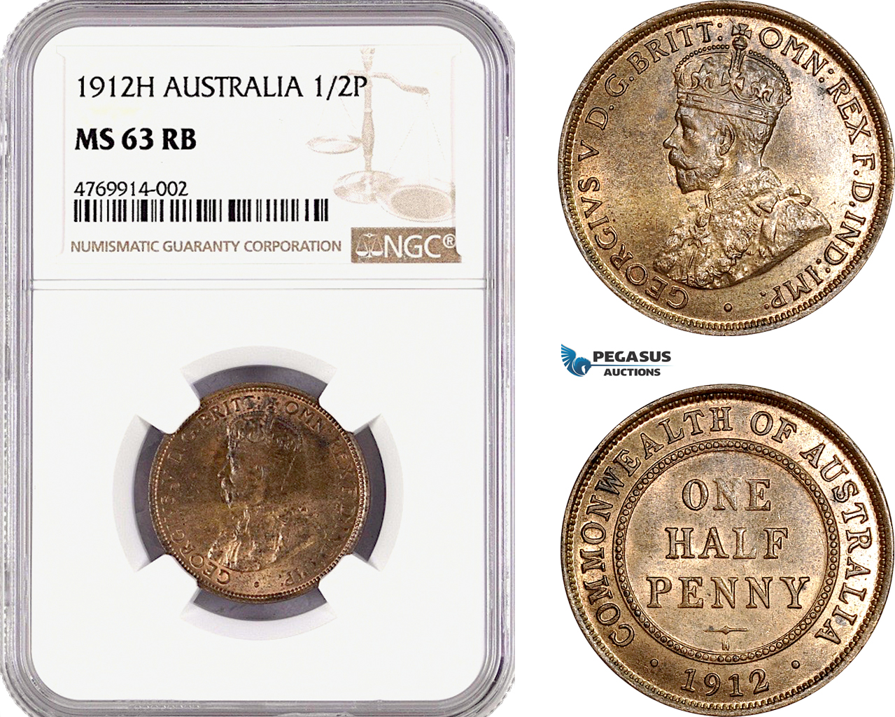 AE808, Australia. George V, Half Penny (1/2P) 1912-H, Heaton, NGC MS63RB