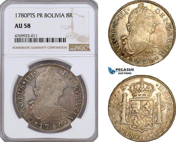 AE811, Bolivia, Charles III, 8 Reales 1780 PTS, Potosi, Silver, NGC AU58