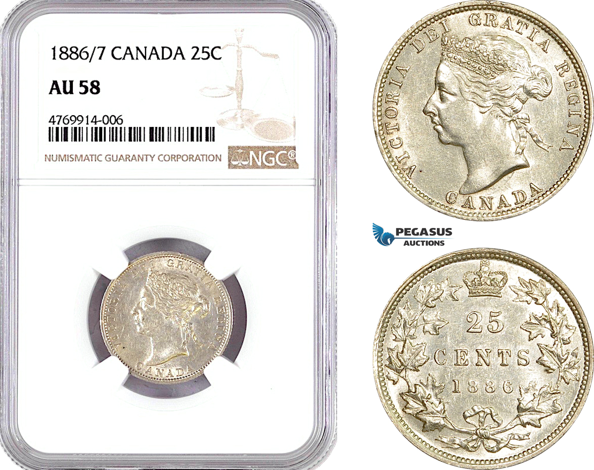 AE815, Canada, Victoria, 25 Cents 1886/7, Royal Mint, Silver, NGC AU58, Pop 1/0, Rare!