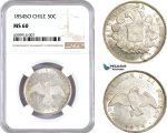 AE816, Chile, 50 Centavos 1854-So, Santiago, Silver, NGC MS60, Pop 1/0