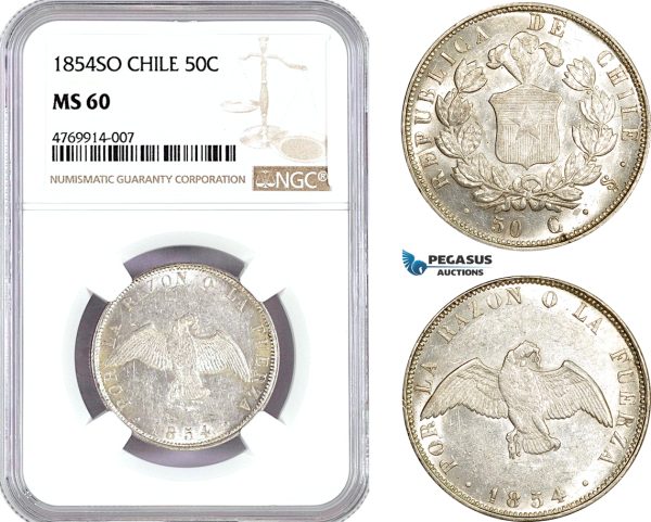 AE816, Chile, 50 Centavos 1854-So, Santiago, Silver, NGC MS60, Pop 1/0