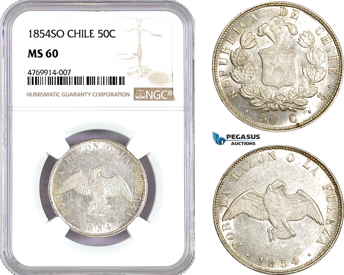 AE816, Chile, 50 Centavos 1854-So, Santiago, Silver, NGC MS60, Pop 1/0