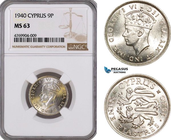 AE829, Cyprus, George VI, 9 Piastres 1940, London, Silver, NGC MS63