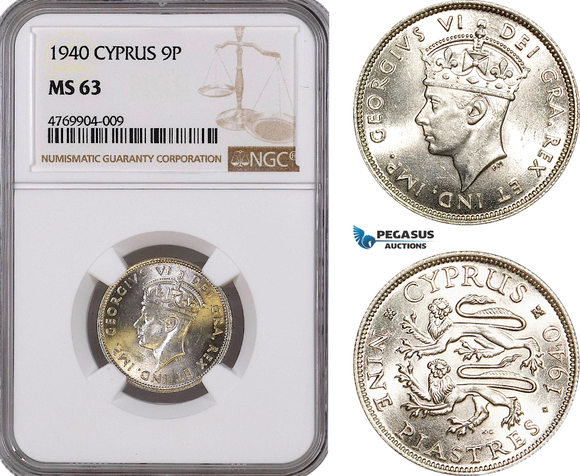 AE829, Cyprus, George VI, 9 Piastres 1940, London, Silver, NGC MS63