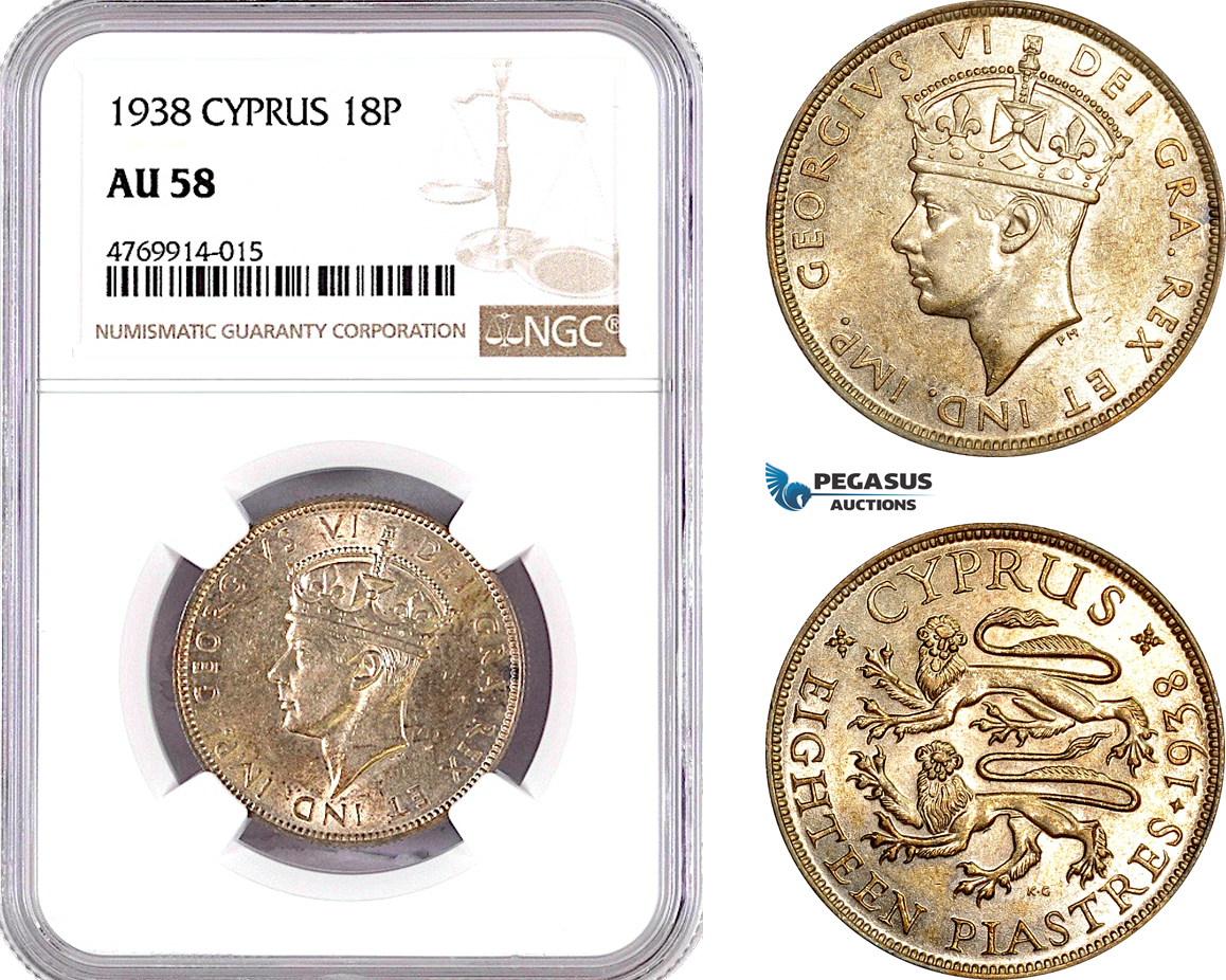 AE830, Cyprus, George VI, 18 Piastres 1938, London, Silver, NGC AU58