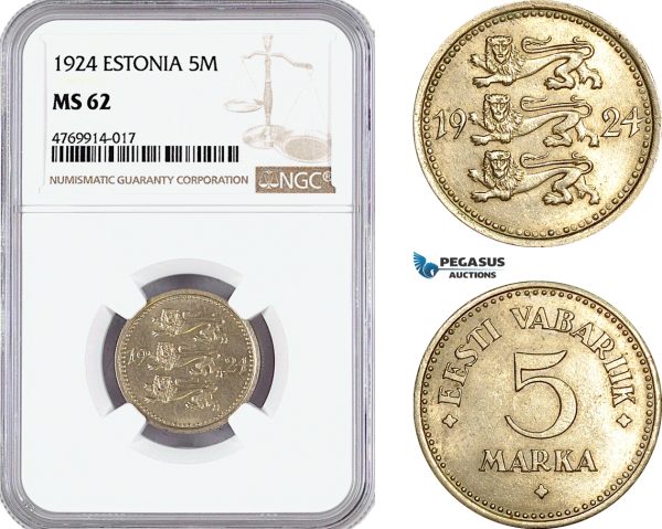 AE833, Estonia, 5 Marka 1924, NGC MS62, Rare!