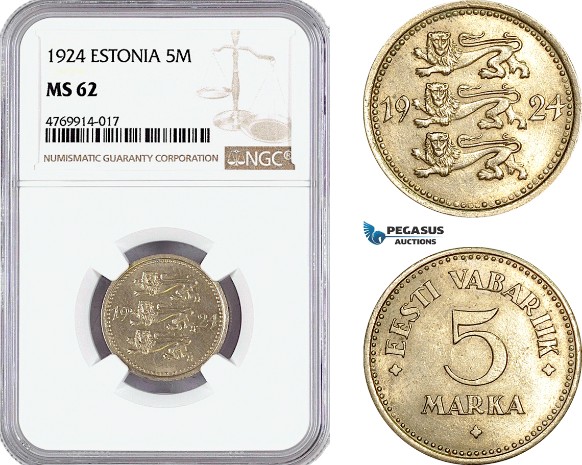 AE833, Estonia, 5 Marka 1924, NGC MS62, Rare!