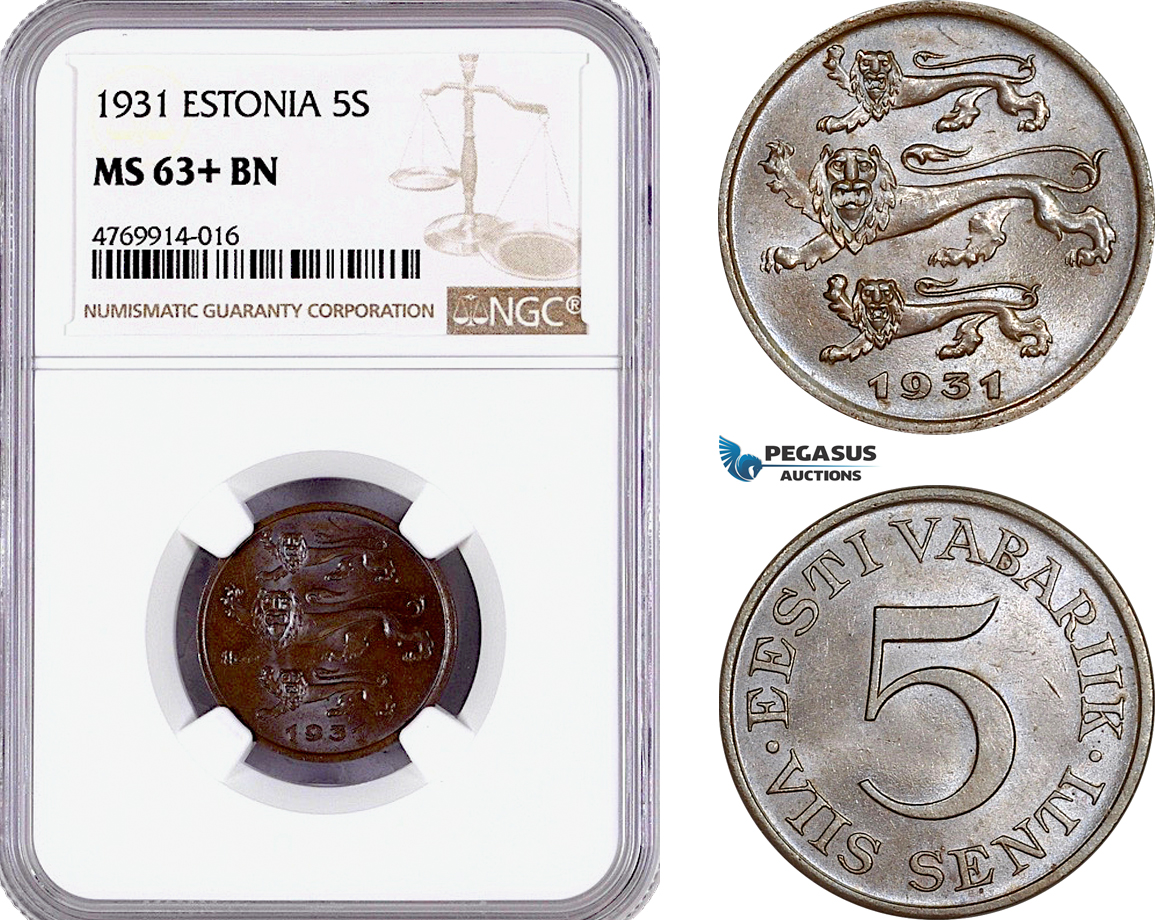AE834, Estonia, 5 Senti 1931, NGC MS63+ BN