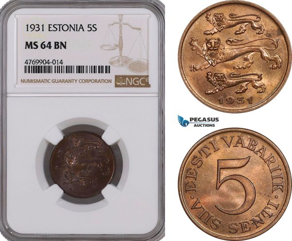 AE835, Estonia, 5 Senti 1931, NGC MS64BN