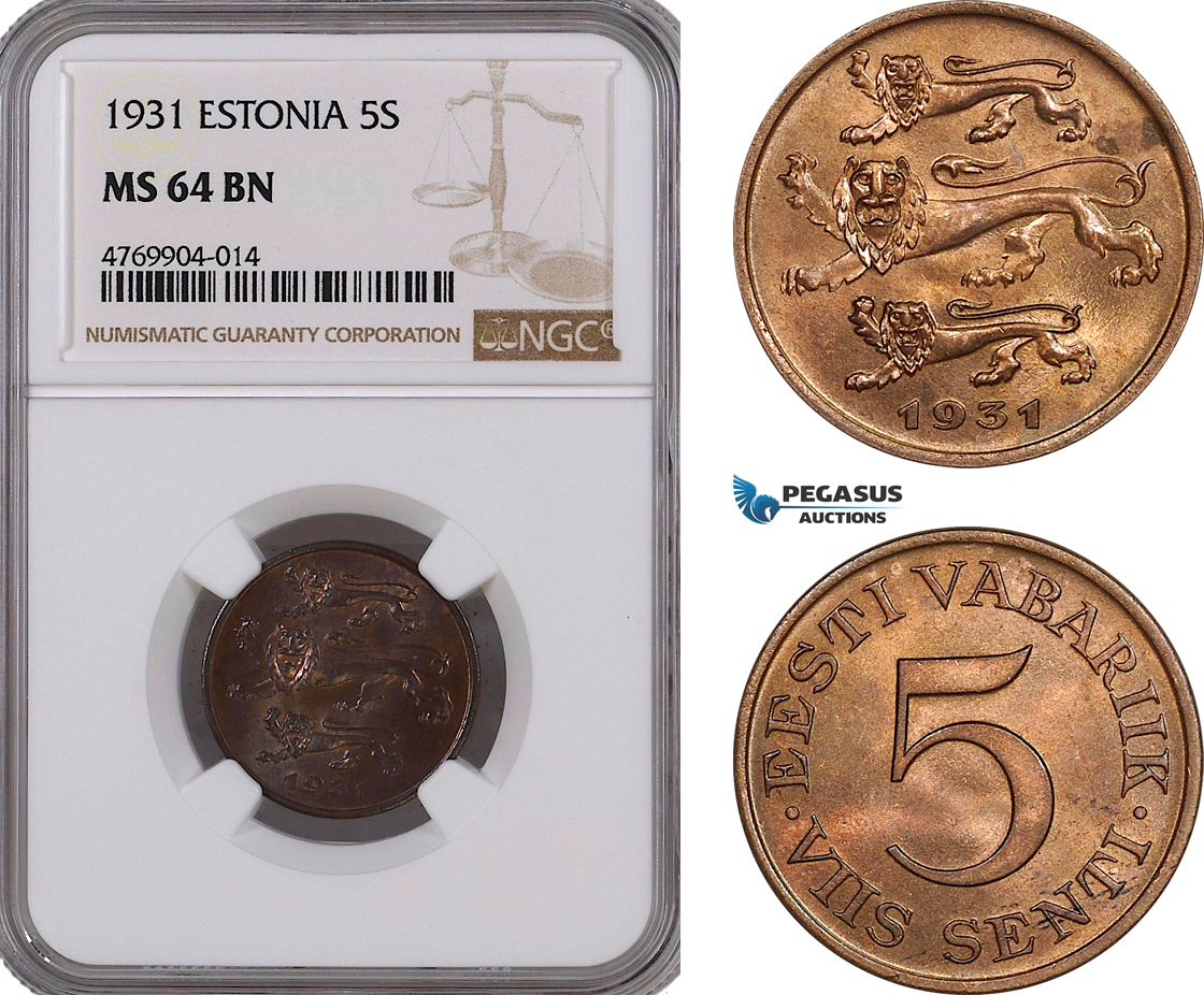 AE835, Estonia, 5 Senti 1931, NGC MS64BN