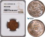 AE836, Estonia, 5 Senti 1931, NGC MS64RB