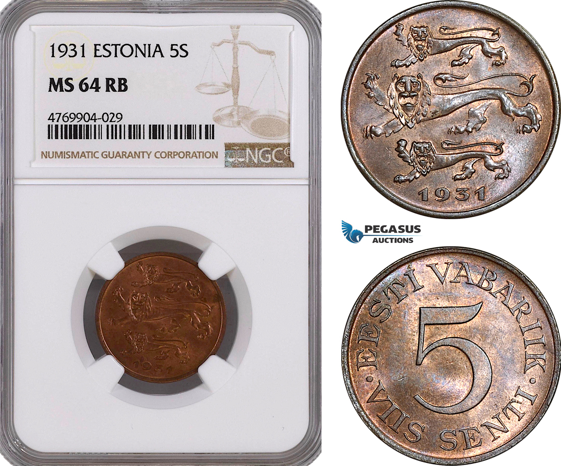 AE836, Estonia, 5 Senti 1931, NGC MS64RB