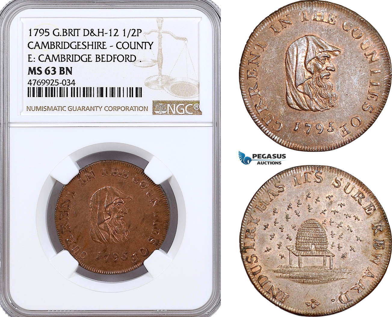 AE850, Great Britain, Bronze Medal (1/2P) 1795, Cambridgeshire County, D&H-12, Beehive, NGC MS63BN