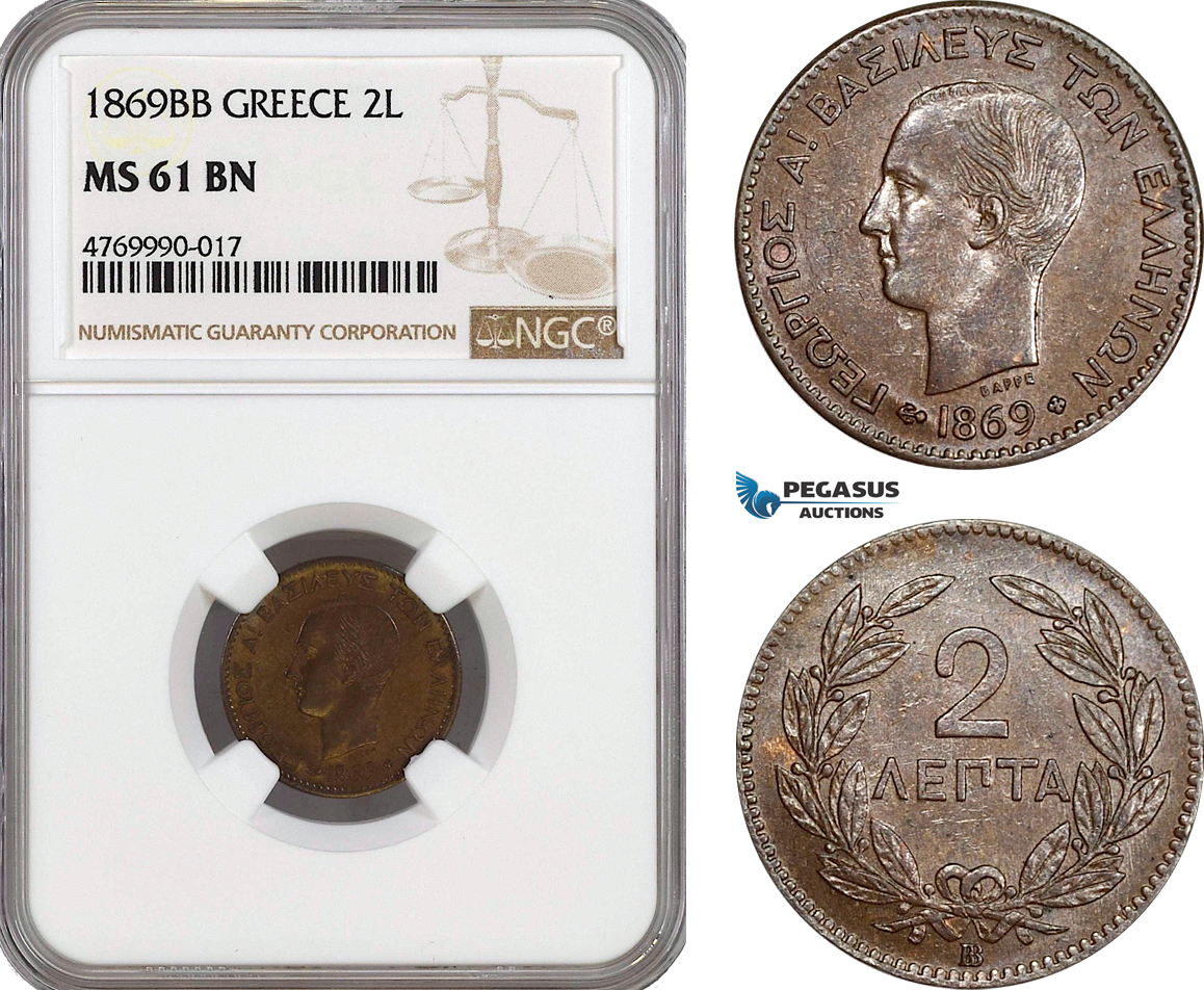 AE851, Greece, George I, 2 Lepta 1869-BB, Strasbourg, NGC MS61BN