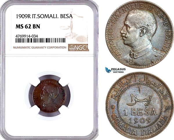 AE857, Italian Somaliland, Vit. Emanuele III, Besa 1909-R, Rome, NGC MS62BN, Pop 1/2