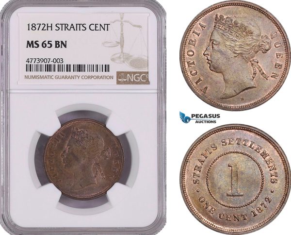 AE902, Straits Settlements, Victoria, 1 Cent 1872-H, Heaton, NGC MS65BN, Pop 1/0, Very Rare!