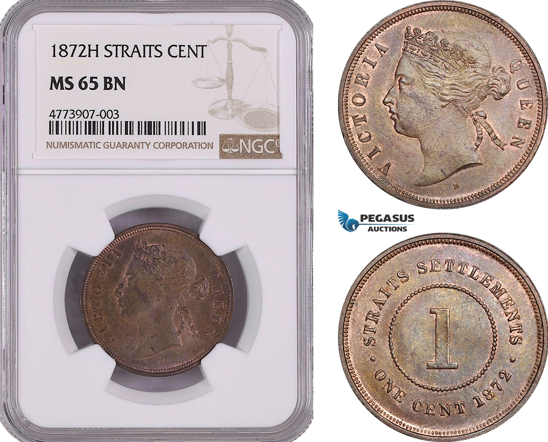 AE902, Straits Settlements, Victoria, 1 Cent 1872-H, Heaton, NGC MS65BN, Pop 1/0, Very Rare!