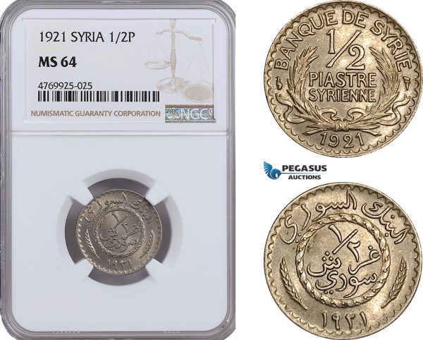 AE909, Syria, 1/2 Piastre 1921, NGC MS64