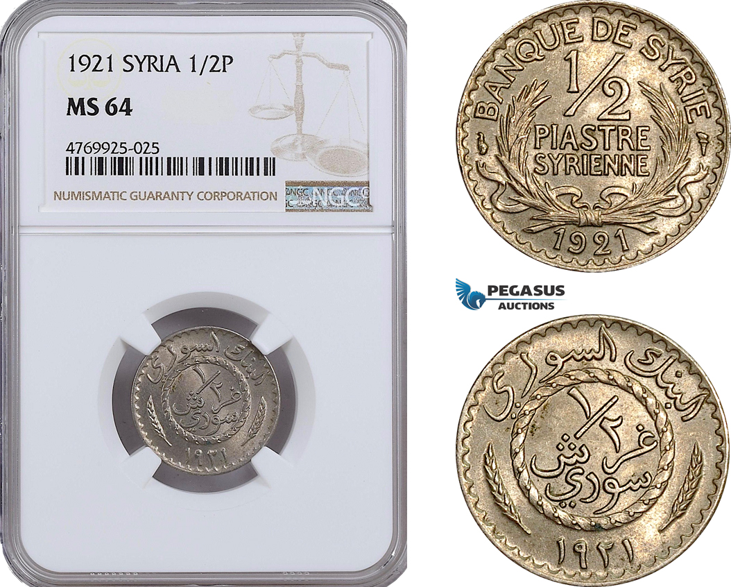 AE909, Syria, 1/2 Piastre 1921, NGC MS64