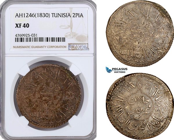 AE920, Ottoman Empire, Tunisia, Mahmud II, 2 Piastres AH1246 (1830) NGC XF40, Pop 1/0